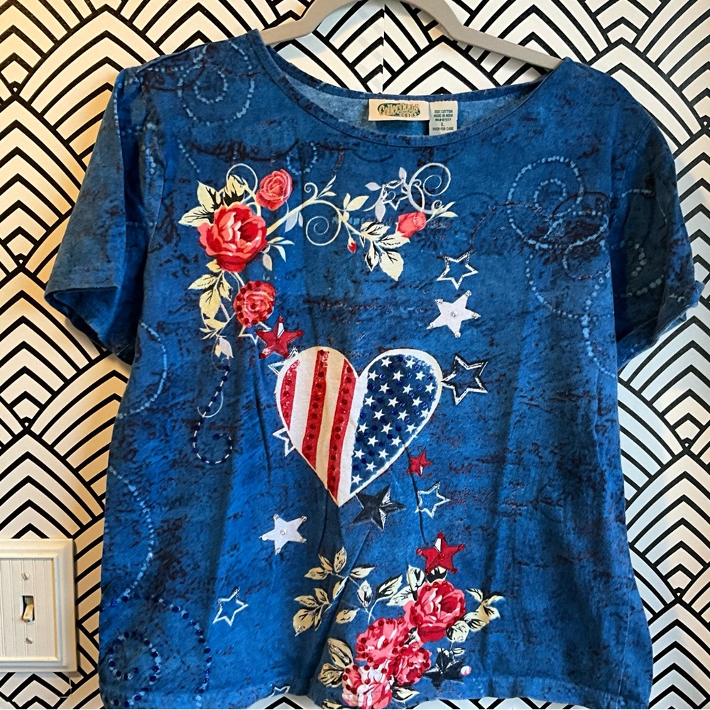 Vintage USA Shirt crystal embellished y2k 2000s heart flag stars